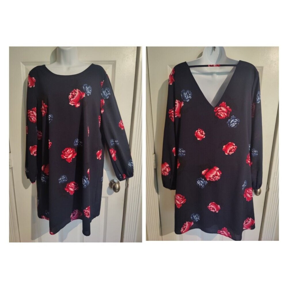 Dex Black Floral Rose Long-Sleeve Open V-Back‎ Mini Shift Dress L